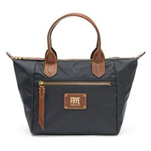 Frye Ivy Black Nylon Handbag Purse Satchel British Tan Brown Leather Trim